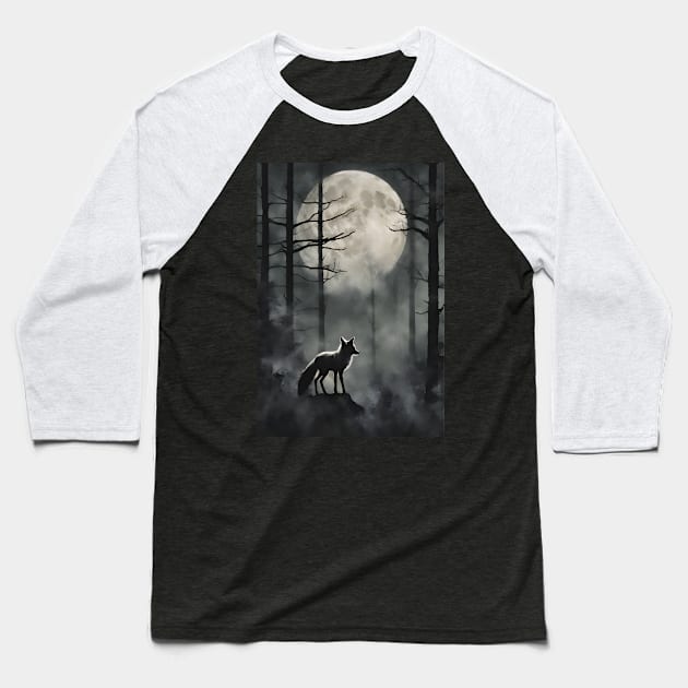 Mysterious Fox in the Foggy Forest Vintage Art Baseball T-Shirt by Art-Jiyuu